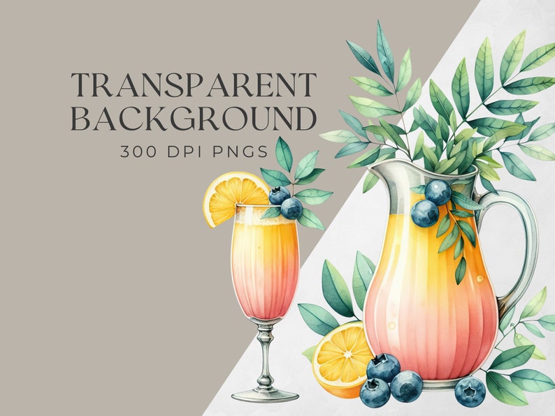 May include: A watercolour illustration of a jug and a glass filled with a pink and yellow layered drink. The jug and glass are decorated with blueberries and green leaves. The background is a light grey colour.