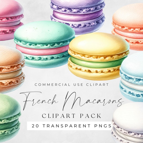 Macaron Clipart, French Macarons, Cookie Clip Art, Watercolor Dessert PNG, Card Making, Cute Sweet Bakery Macaroon, Commercial Use Food