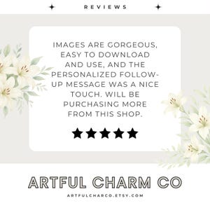 May include: A light gray graphic with the word "REVIEWS" at the top. A white rectangle contains customer feedback and five black stars. The shop name "ARTFUL CHARM CO" is at the bottom, with the Etsy URL.