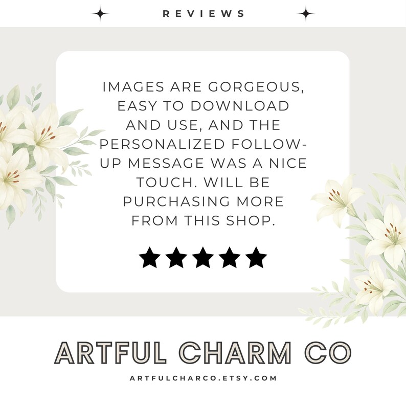 May include: A light gray graphic with the word "REVIEWS" at the top. A white rectangle contains customer feedback and five black stars. The shop name "ARTFUL CHARM CO" is at the bottom, with the Etsy URL.