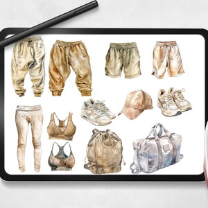 May include: A digital illustration of various clothing items and accessories in a watercolor style. The items include sweatpants, shorts, leggings, sports bras, sneakers, a baseball cap, a duffel bag, and a backpack. The items are all in shades of beige and brown.