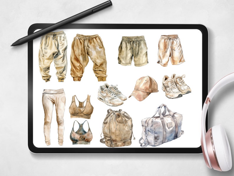 May include: A digital illustration of various clothing items and accessories in a watercolor style. The items include sweatpants, shorts, leggings, sports bras, sneakers, a baseball cap, a duffel bag, and a backpack. The items are all in shades of beige and brown.