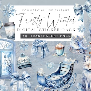 May include: A digital sticker pack with 40 transparent PNGs featuring winter-themed illustrations. The pack includes a blue window, a white fox, a blue sleigh, a blue scarf, a blue hat, a blue coffee cup, a blue ice skate, a blue snowflake, a blue bow, and a blue snow globe.