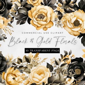 Clipart floral de mauvaise humeur, aquarelle fleur noir et or PNG, dix images transparentes, usage Commercial, Clipart floral pour enterrement