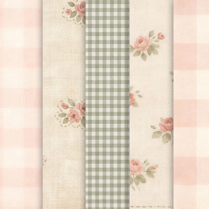 May include: A collage of fabric patterns in soft colors. Includes a pink and white gingham, a beige linen with embroidered roses, a green and white checkered pattern, and a cream fabric with pink rose illustrations.