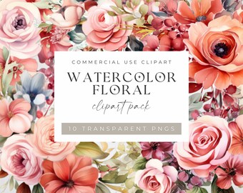 Pink Watercolor Floral Clipart: Transparent PNG Graphics (Digital Download)