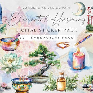 Esthetische digitale plannerstickers, voorgesneden png-bestanden, stickerset aquarel natuur bonsai en rotsen, Goodnotes-blad, elementaire harmonie