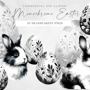 Feliz Páscoa Clipart preto e branco, coelhinho da Páscoa simples, coelho PNG, uso comercial, download digital de ovos de Páscoa florais Boho, clipart de linha