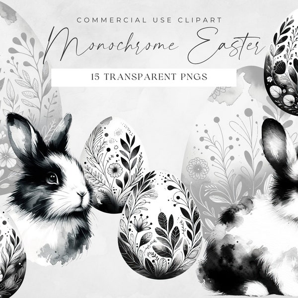 Happy Easter Clipart Black & White, Simple Easter Bunny, Rabbit PNG, Commercial Use, Boho Floral Easter Eggs Digital Download, Line Clip Art