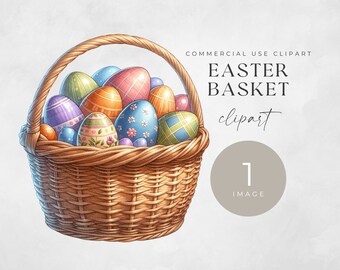 Clipart of Cute Easter Basket, SINGLE IMAGE, Classic Vintage Basket PNG, Junk Journals, Cute Watercolor Easter Spring Clip Art, Easter Eggs