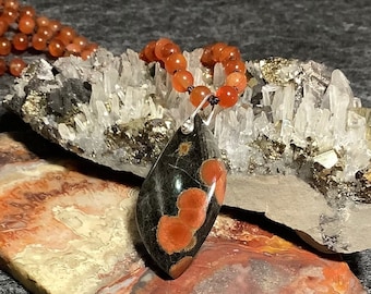 Peanut Obsidian Pendant with a Carnelian Hand Knotted Necklace