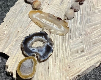 Oco and Tabasco Geodes with Crazy Lace Agate Hand Knotted Necklace