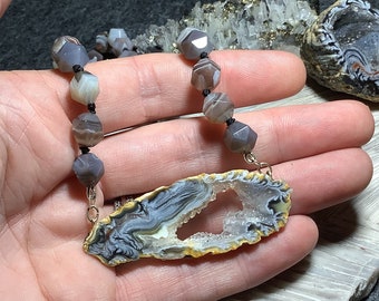 Oco Geode Slice with Botswana Agate Hand Knotted Necklace