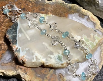 Herkimer Diamond Quartz and Blue Apatite Bracelet, Sterling Silver