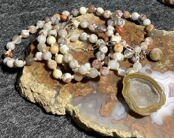 Tabasco Geode with Laguna Agate Hand Knotted Necklace