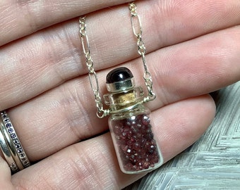 Tiny River Garnet Specimen Jar Sterling Silver Necklace