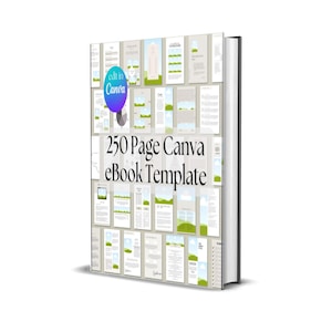 Peut inclure: Un livre à couverture rigide avec une couverture blanche présentant une grille de différentes mises en page. Le texte "250 Page Canva eBook Template" est affiché. Un graphique bleu et violet indique "edit in Canva". Le livre a un dos noir.