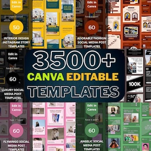 Peut inclure: Une collection de modèles Canva modifiables pour les publications sur les réseaux sociaux. L'image présente divers modèles pour la décoration intérieure, la mode et d'autres thèmes. Le texte comprend "3500+ Canva Editable Templates" et "Edit in Canva".