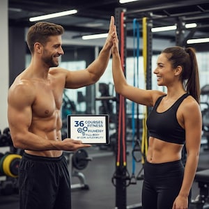 May include: A man and woman high-fiving in a gym setting. The man is holding a tablet displaying "36 COURSES FITNESS FIUNESSY 3F CORE & FLEXIBILITY". Both are smiling. The woman is wearing a black sports bra and leggings. The man is wearing black shorts.