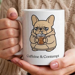 Könnte beinhalten: Ein weißer Keramikbecher mit einer Cartoon-Illustration einer beigen französischen Bulldogge, die einen Kapuzenpullover trägt und einen Eiskaffee hält. Unter der Abbildung steht der Text "Caffeine & Contempt" in einer einfachen schwarzen Schrift.