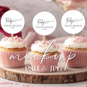 Cupcake Toppers Mockup, rosa Cupcake PSD Mockup, runder Favor Tag JPG Mockup, Valentine Cupcake Topper Mock, Modern Styled Stock Photo