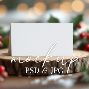 Mockup kerstkaart, bewerkbaar naamkaartje kersttafel, PSD gevouwen kaartmodel met slim object, rustiek buffetkaartmodel JPG