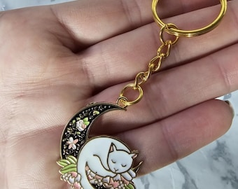 Cute Sleeping Cat Crescent Moon Keyring, Enamel with gold plated chain, Key Fob