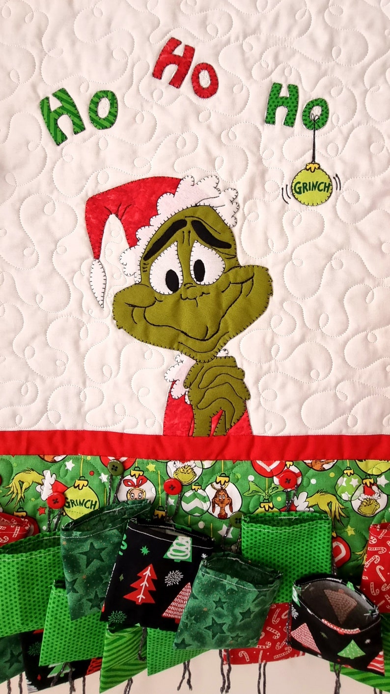 Advent Calendar Grinch, Quilt, Textile Art, Wall Hanging, Christmas