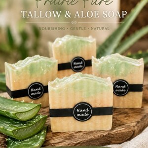 Op de afbeelding: Vier rechthoekige stukken Prairie Pure Tallow & Aloe zeep met een beige basis en een lichtgroene bovenlaag. Elk stuk is omwikkeld met een zwarte papieren band met de tekst Hand made. Verse aloë vera bladeren zijn in de buurt zichtbaar.