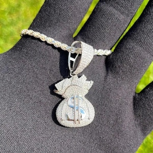 Collana con ciondolo a forma di borsa porta soldi in moissanite VVS1 3CT da uomo, in argento sterling 925 placcato in oro bianco 18k