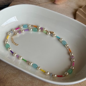 Colorful Pearl Beaded Necklace – Pastel Rainbow Jewelry, Freshwater Pearl Style, Summer Beaded Necklace, Gift for Her.
