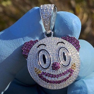 Moissanite Clown Charms Pendant, Custom Made Solid 925 Sterling Silver, Iced Out Simulated Color Diamond Hip Hop CLOWN Emoji Pendant,