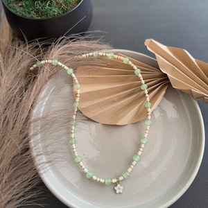 Handmade Jade Serpentine Green Beads and Tiny White Simple Beads, Flowers Charms pendant Necklace, Gift for Her
