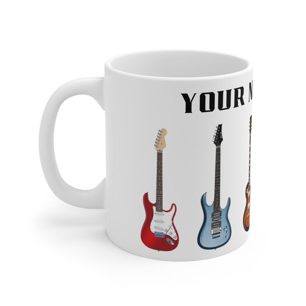 Custom Ring of Electric Guitars Ceramic 11oz Mug, Personalize with Your Name, Gift for a Musician, Gift for a friend, Gift for him