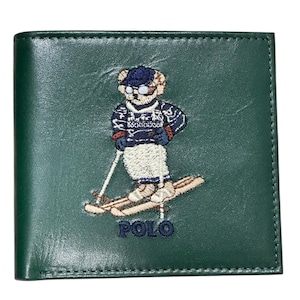 Portefeuille à deux volets en cuir vert brodé Polo Ralph Lauren