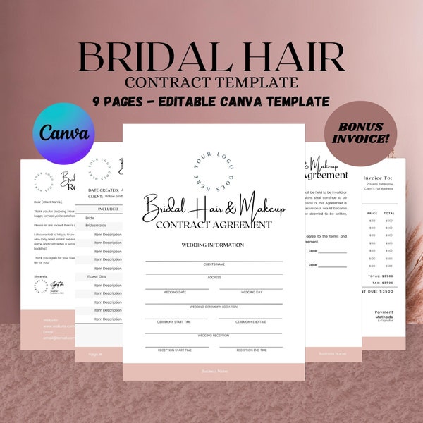 Bridal Hair and Makeup Artist Wedding Contract Hair Stylist Makeup Forms Bridal Party Hairstyling Service Agreement Editable Canva Template