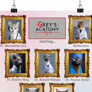 Grey&#39;s Acatomy: Poster featuring Meredith Grey, Derek Shepherd, Christina Yang, George O&#39;Malley, Izzy Stevens from Grey&#39;s Anatomy as cats