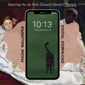 sfondo per telefono con gatto nero e storia dell'arte :) / gatto dal dipinto *Olympia* di Manet su sfondo con pennellate verde scuro