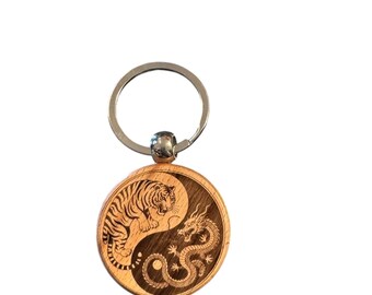 Wooden Keychain with Yin Yang Tiger and Dragon Laser Engraved Design, Round, Natural Wood