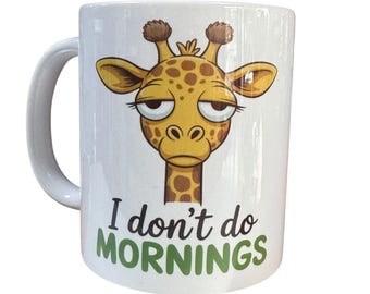 Rolig giraff "Jag gör inte morgnar" keramikmugg, vit, 340 ml, presentmugg