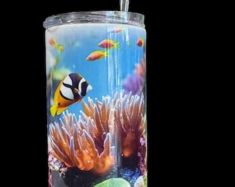 Korallrev, tropiskt fiskmönster, smalt tumbler med lock och sugrör, 473 ml