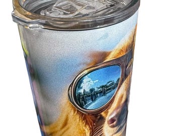 Cool Golden Retriever med solglasögon smal tumbler, 940 ml, med lock och sugrör