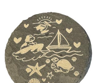 Round Slate Rock Coaster with Engraved Coastal Ocean Theme,