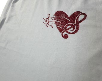 White T-Shirt with Red Glitter Treble Clef and Music Notes Graphic, Casual Music Theme Tee