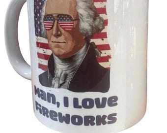 Rolig George Washington-kaffemugg, vit keramik, 340 g, patriotisk amerikansk flaggdesign, man jag älskar fyrverkerier
