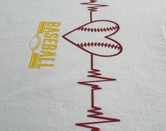 Baseball Heartbeat Heart Graphic T-Shirt, White, Sports Fan Tee for Baseball Lovers