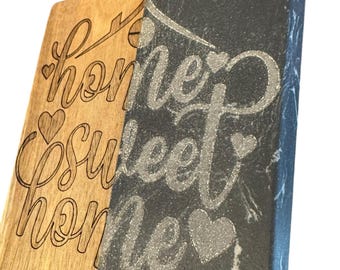 Home Sweet Home Engraved Coaster, Marble and Wood, Square, Decorative Housewarming Gift