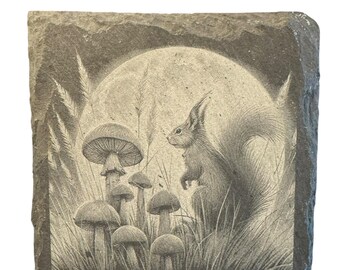 Engraved Slate Rock Coaster with Squirrel and Mushroom Moonlit Forest Design, Natural Stone