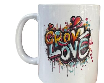 Keramisk kaffemugg, vit, 340 ml, graffitikonst med motivet "Grow Love" och "Choose Happy".