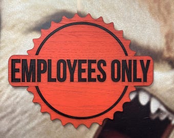 Tabliczka „Tylko dla pracowników”, pomarańczowy wzór koła zębatego, drewniana tabliczka na drzwi w nowoczesnym stylu industrialnym